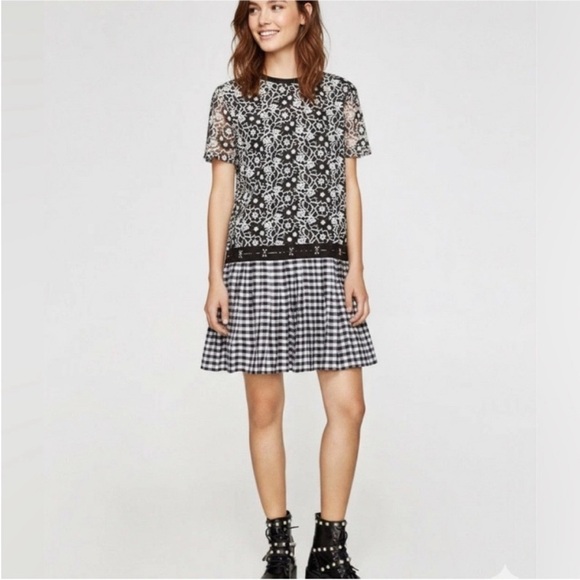 Zara Dresses & Skirts - NWT Zara Trafaluc black and white floral lace top and gingham plaid skirt dress